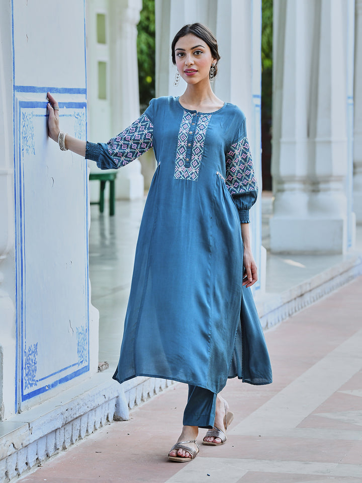 Turquoise Embroidered A Line Kurta Pant Set