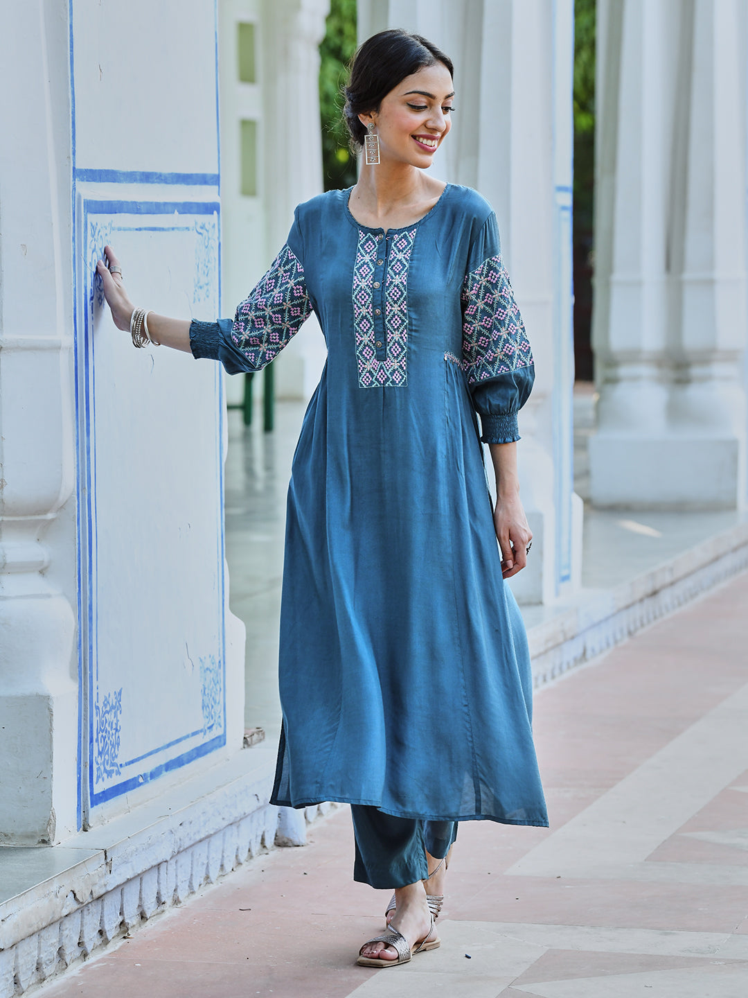 Turquoise Embroidered A Line Kurta Pant Set