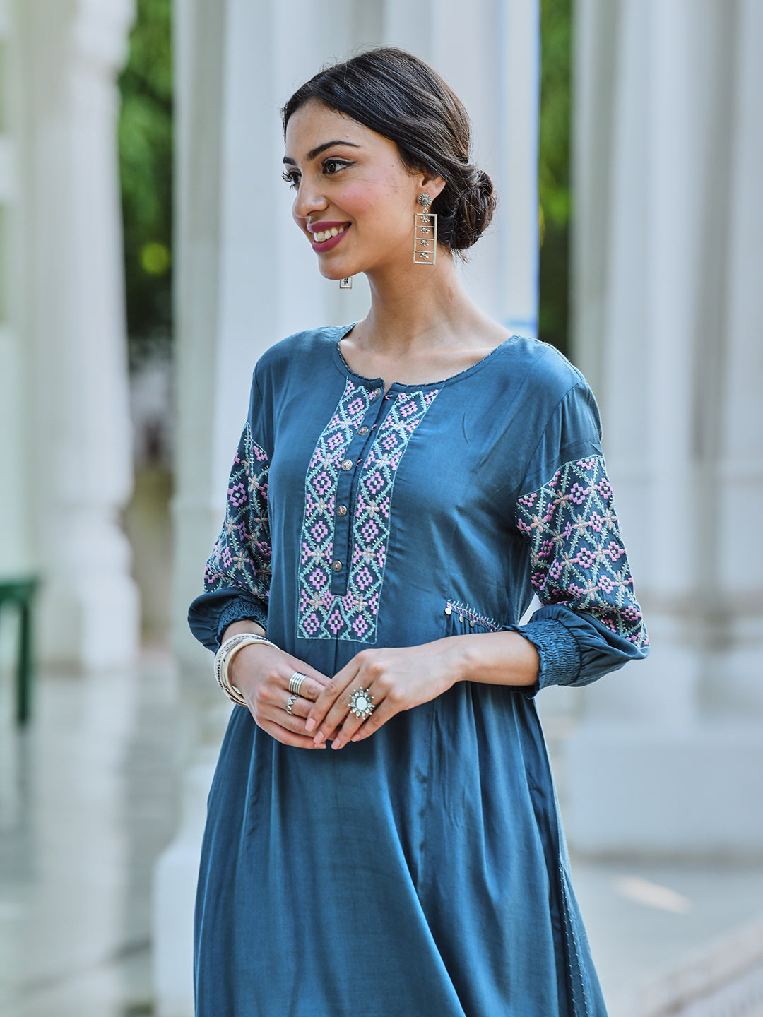 Turquoise Embroidered A Line Kurta Pant Set