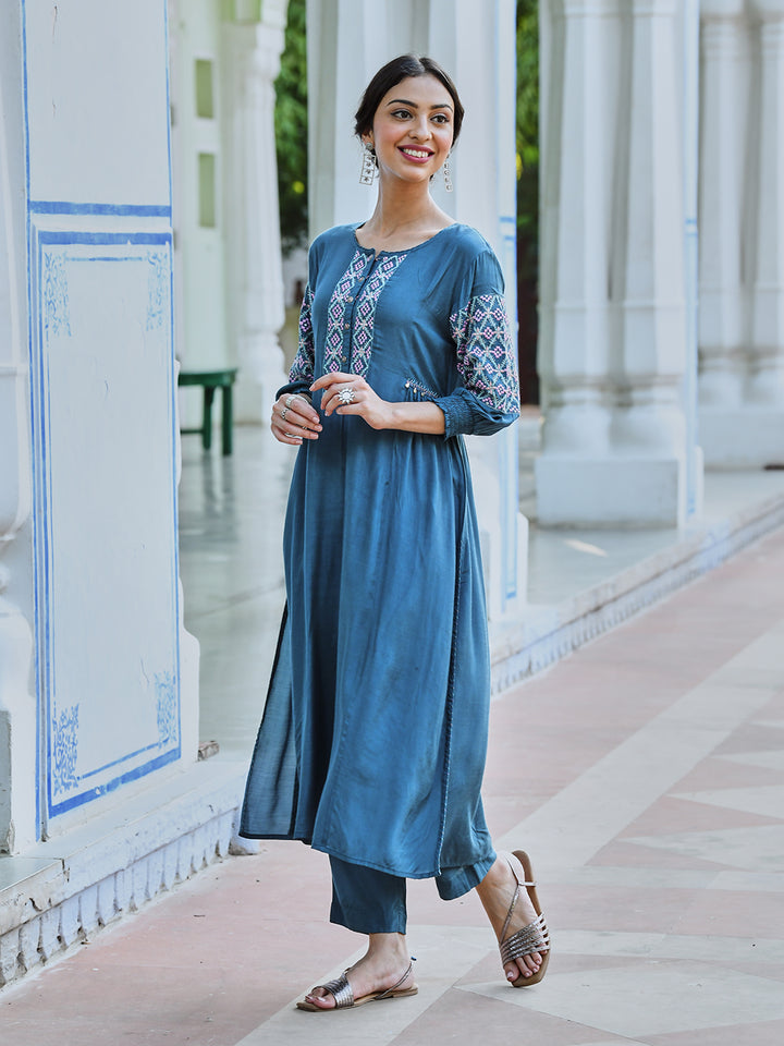 Turquoise Embroidered A Line Kurta Pant Set