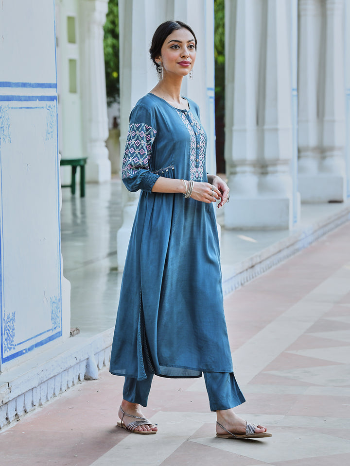 Turquoise Embroidered A Line Kurta Pant Set