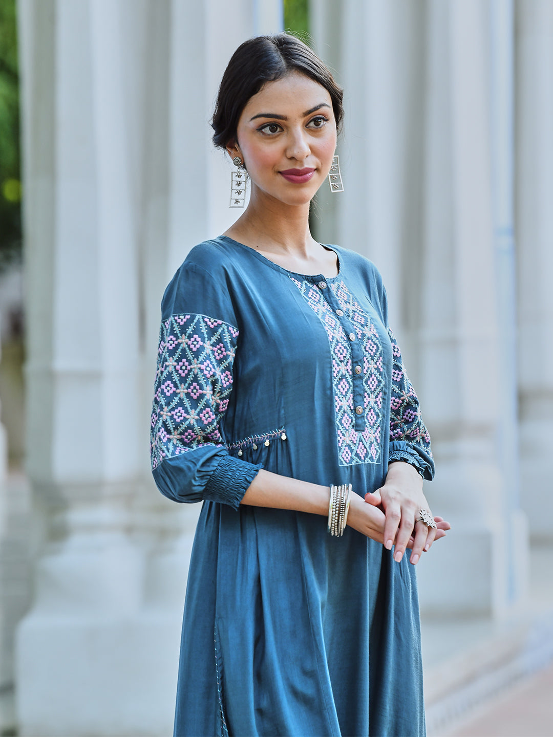 Turquoise Embroidered A Line Kurta Pant Set