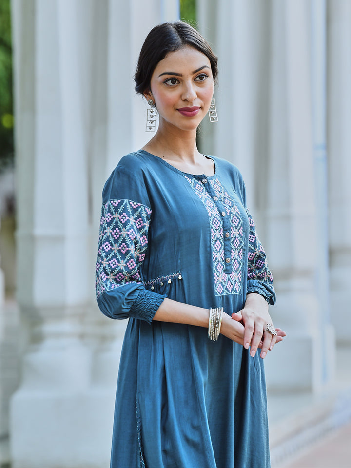 Turquoise Embroidered A Line Kurta Pant Set