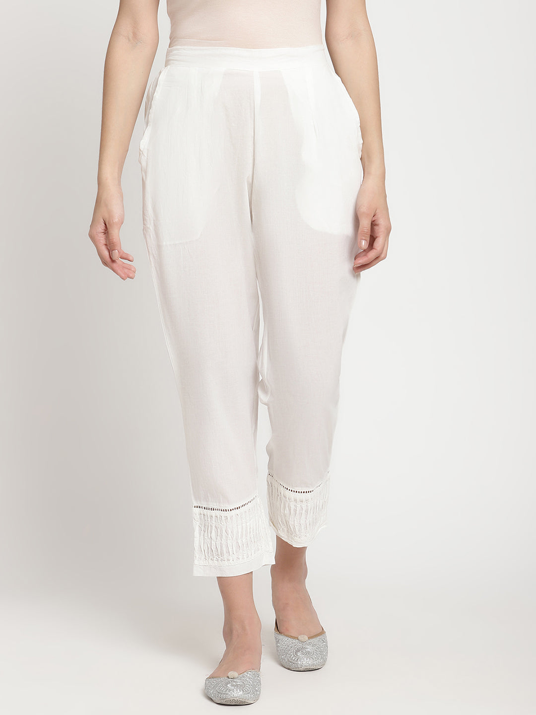 Wide shot of Savi’s White Cotton Pintuck Straight Pant.