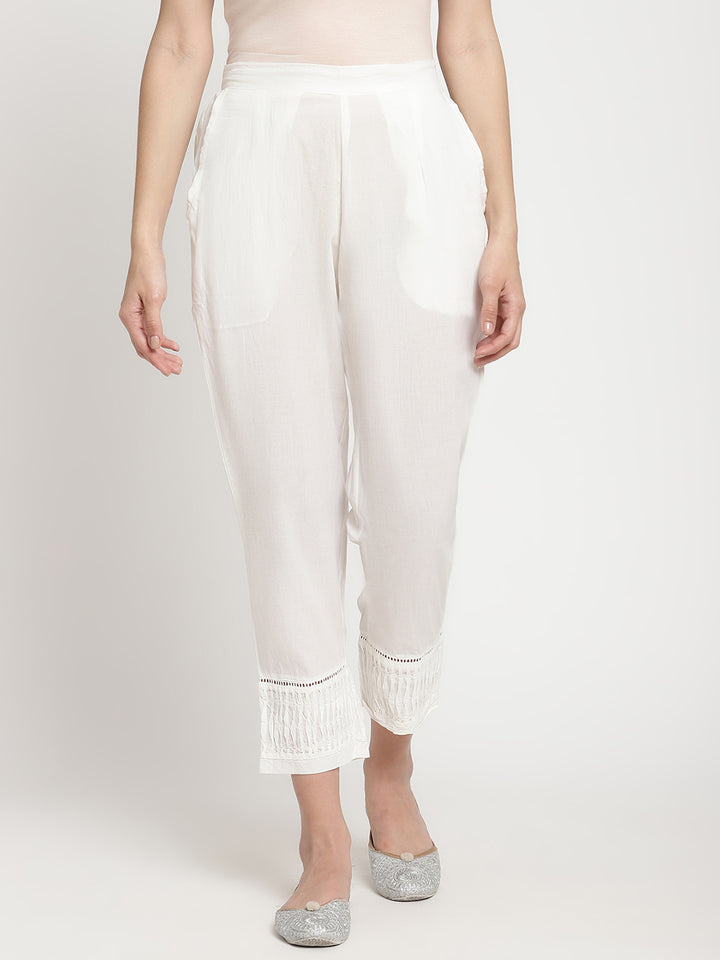 Wide shot of Savi’s White Cotton Pintuck Straight Pant.
