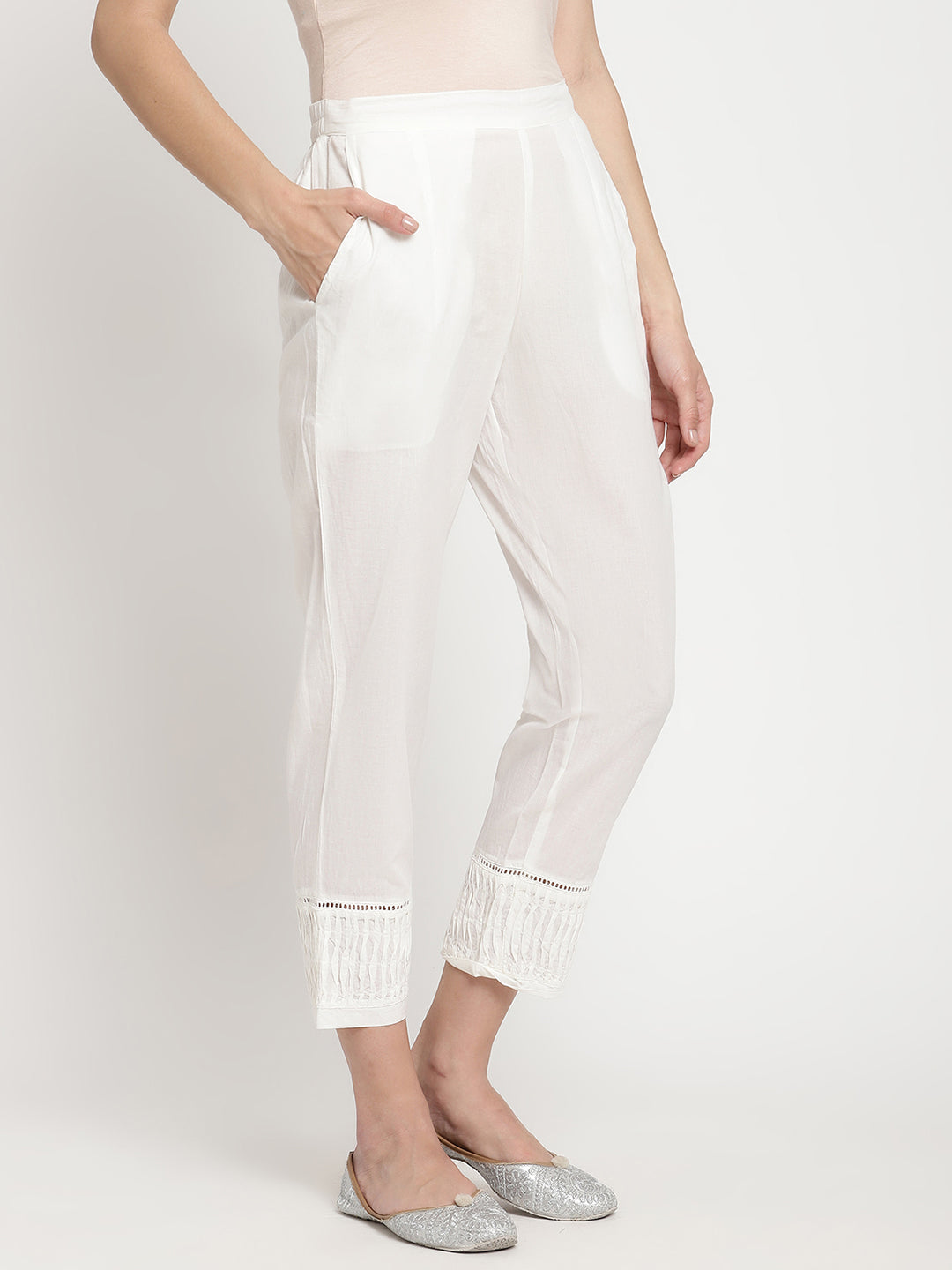 Wide shot of Savi’s White Cotton Pintuck Straight Pant.