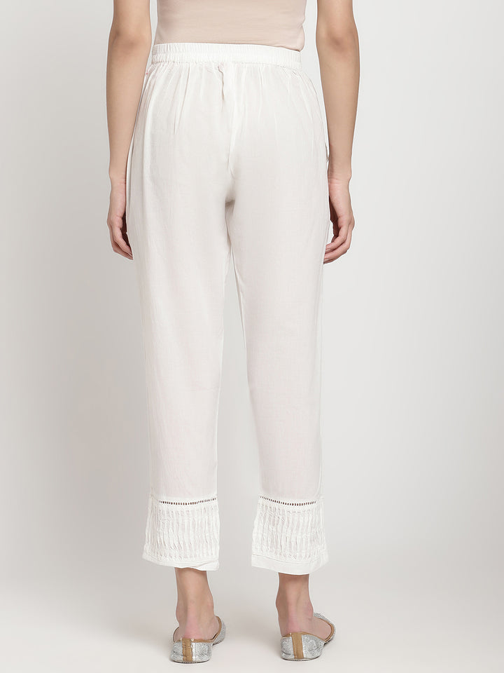 Wide shot of Savi’s White Cotton Pintuck Straight Pant.