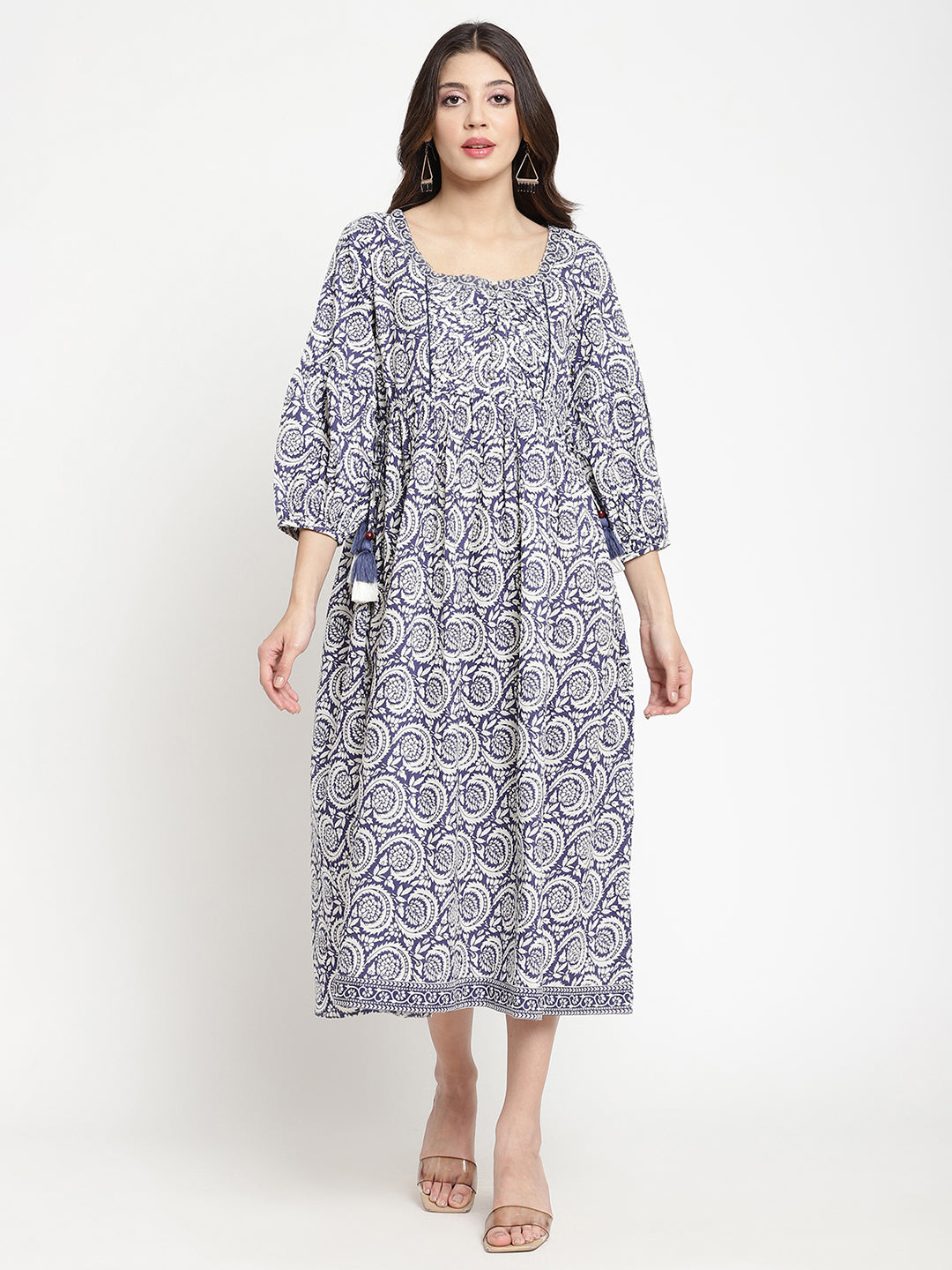 Blue Cotton Printed Tie Up Flared Kurta Dress