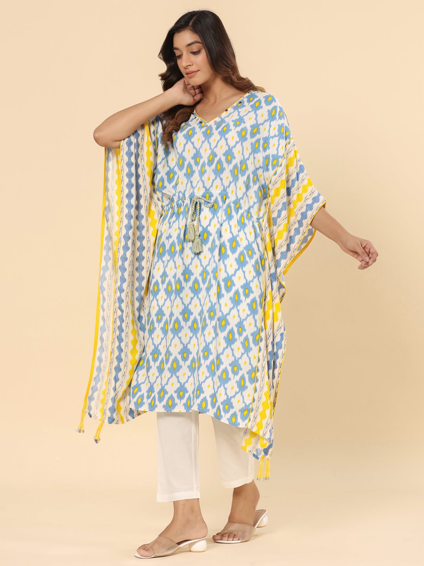 Rayon Blue and White Printed Tie Up Kaftan