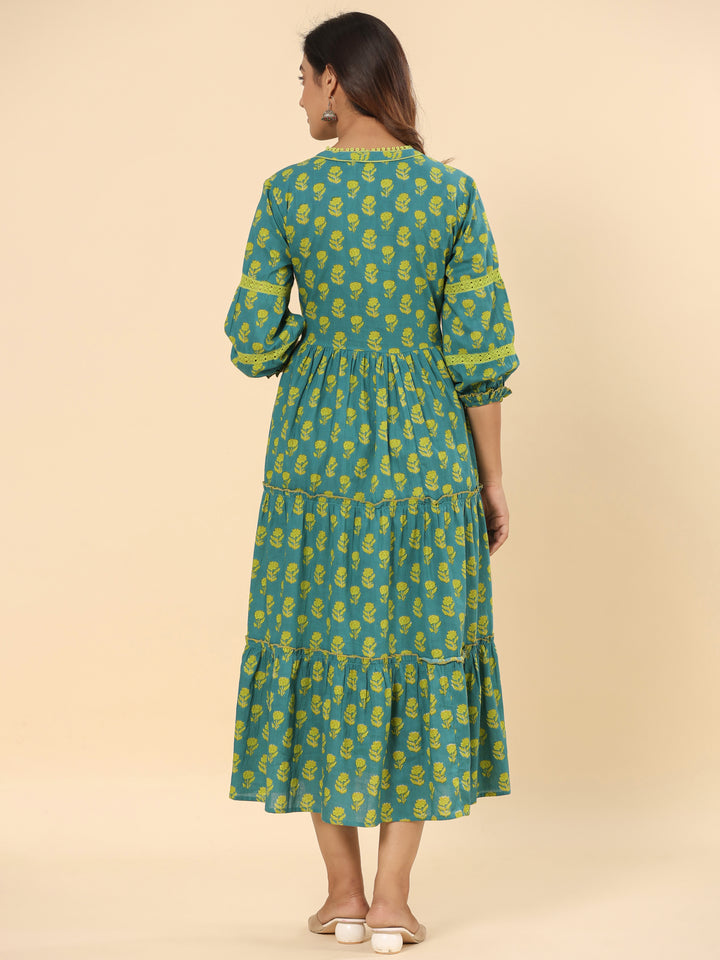 Green Floral Printed Cotton Ethnic Tier Dress