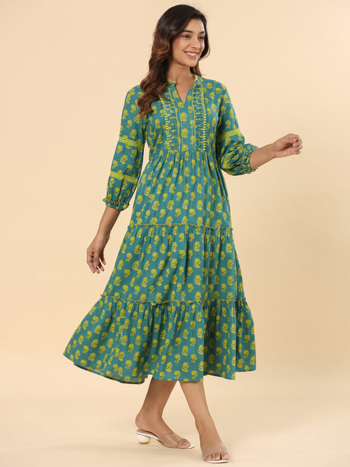 Green Floral Printed Cotton Ethnic Tier Dress