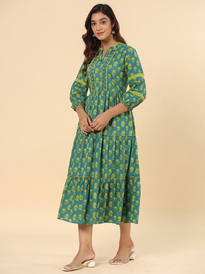 Green Floral Printed Cotton Ethnic Tier Dress