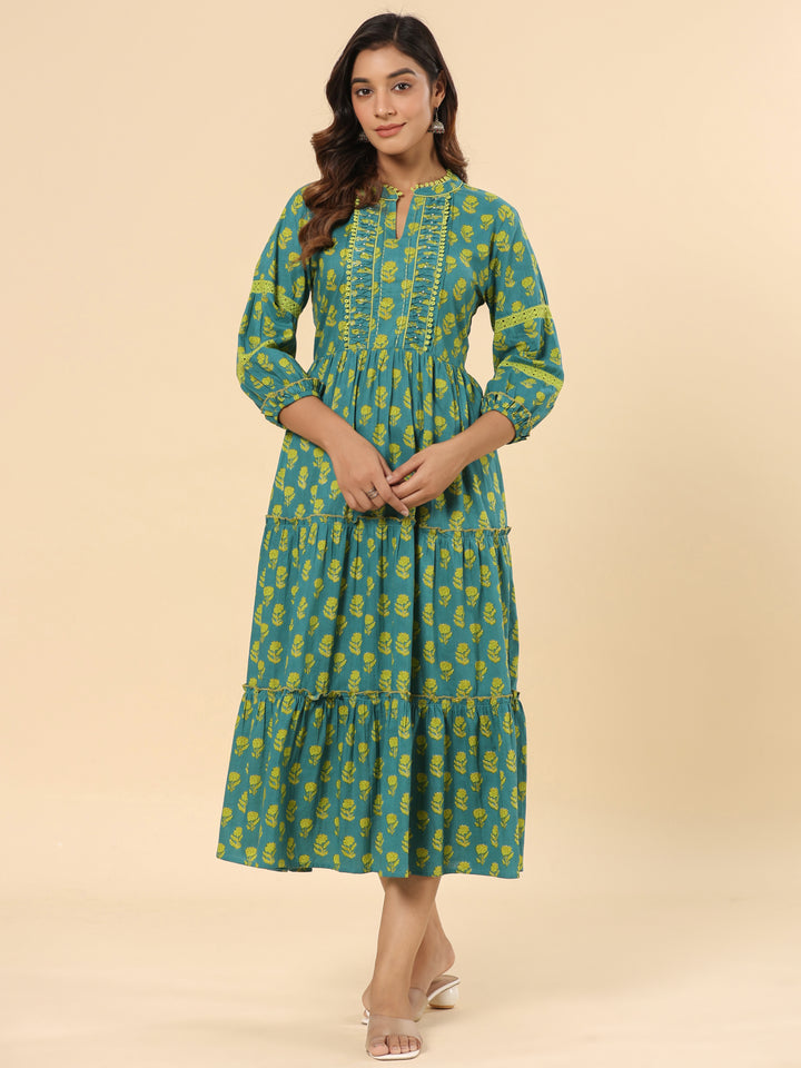 Green Floral Printed Cotton Ethnic Tier Dress