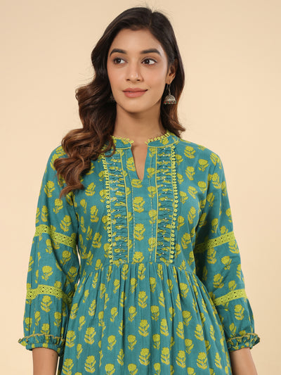 Green Floral Printed Cotton Ethnic Tier Dress