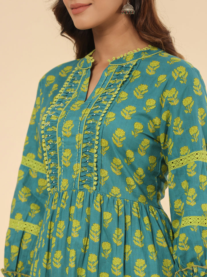 Green Floral Printed Cotton Ethnic Tier Dress