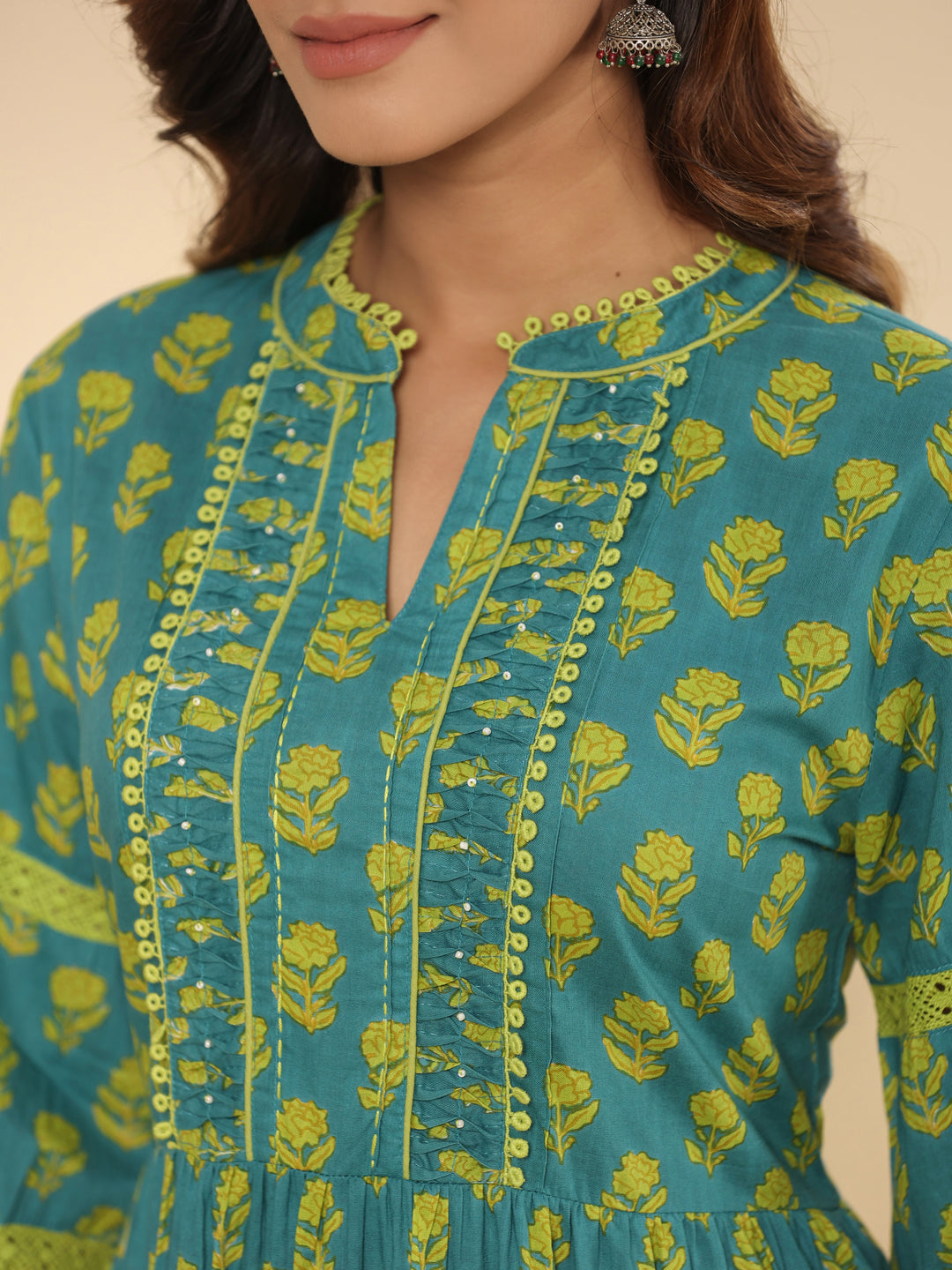 Green Floral Printed Cotton Ethnic Tier Dress