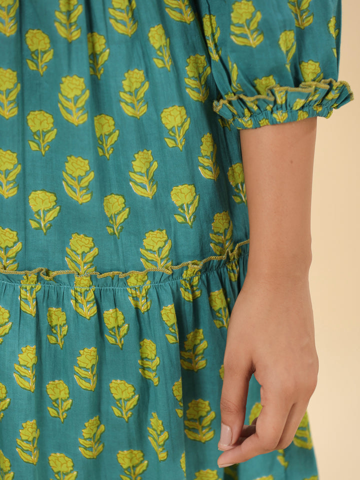 Green Floral Printed Cotton Ethnic Tier Dress