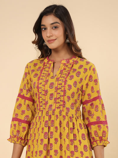 Mustard Floral Printed Cotton Ethnic Tier Dress