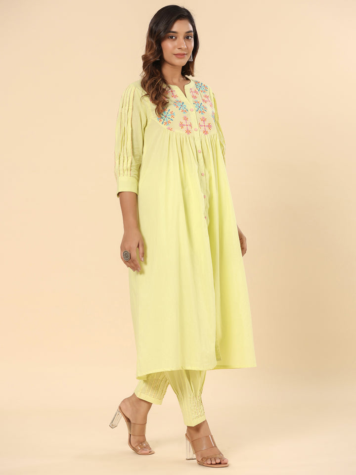 Lemon Yellow Cotton Embroidered A-Line Kurta Pants Set