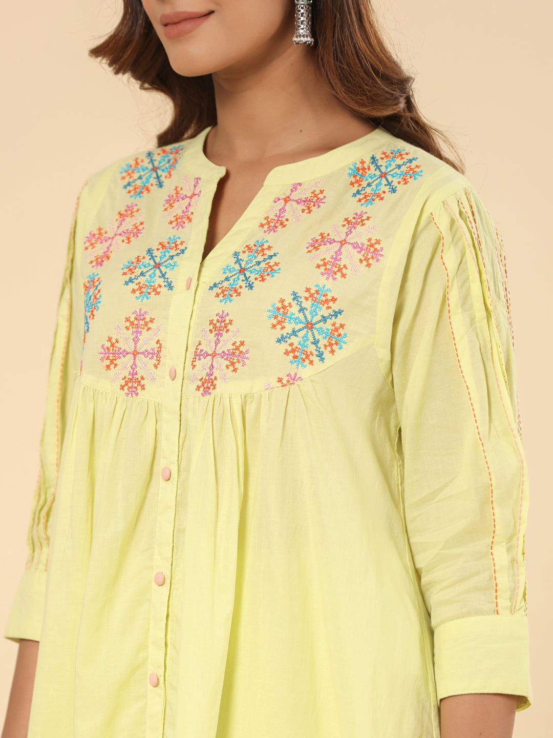 Lemon Yellow Cotton Embroidered A Line Kurta Pants Set