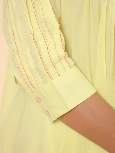Lemon Yellow Cotton Embroidered A Line Kurta Pants Set