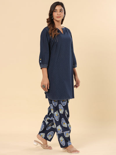 Blue Cotton Dobby Short Kurta With Printed Salwar