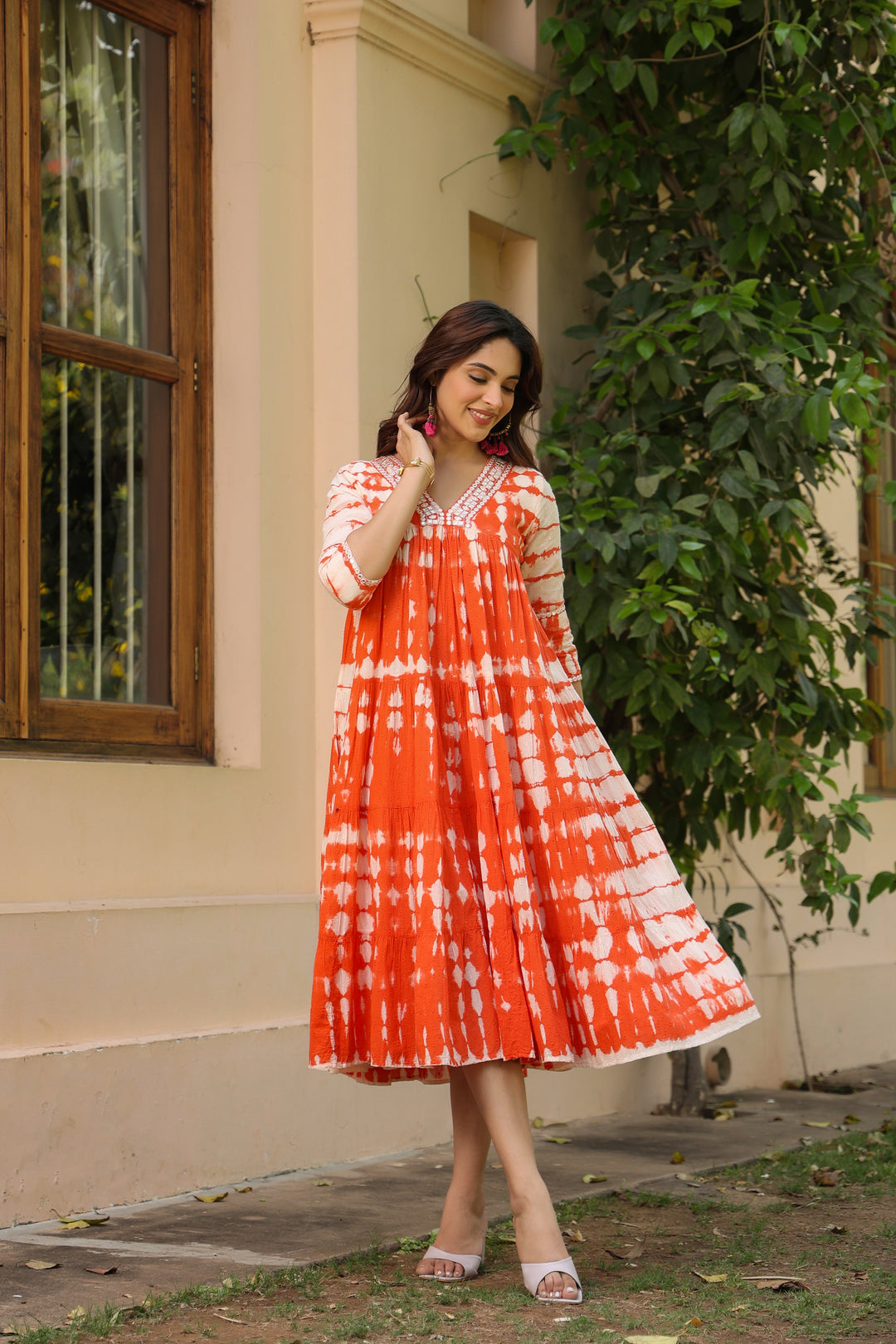 Orange Cotton Dobby Tie & Dye Tiered Designer Dress