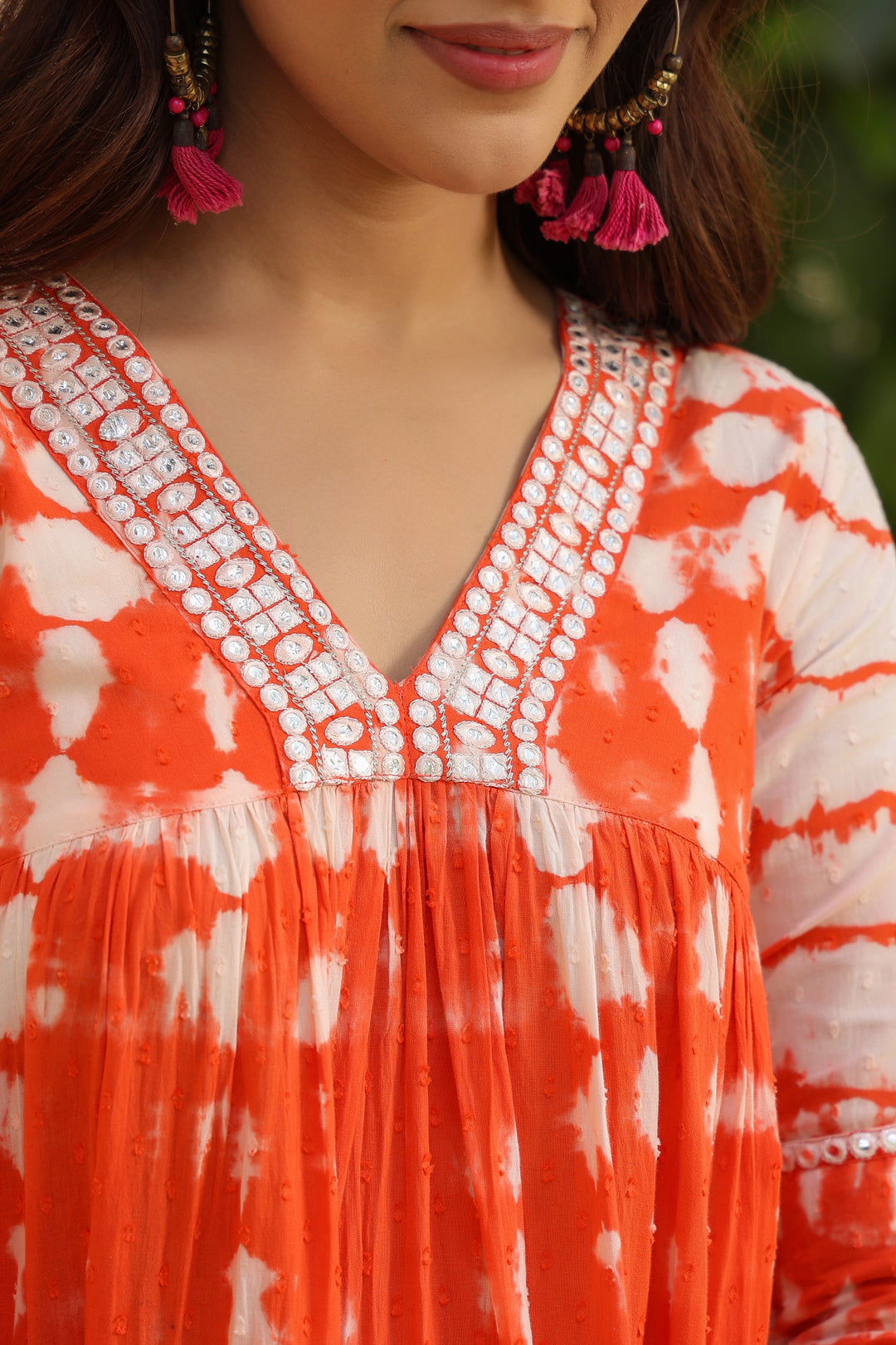 Orange Cotton Dobby Tie &Dye Tiered Designer Dress
