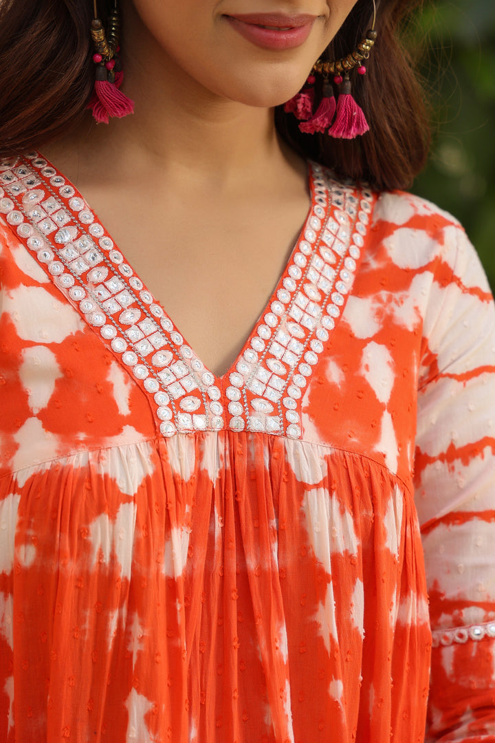 Orange Cotton Dobby Tie & Dye Tiered Designer Dress