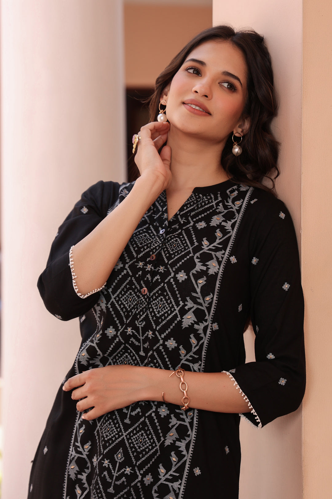 Black Cotton Printed A Line Kurta Pant Set