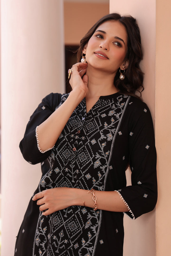 Black Cotton Printed A Line Kurta Pant Set