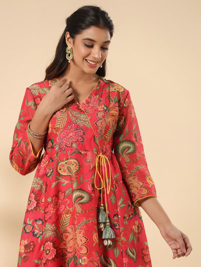 Chanderi Red Embroidered A Line Festive Suit Set with Dupatta