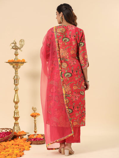 Coral Red  Embroidered Chanderi Festive Suit Set With Dupatta
