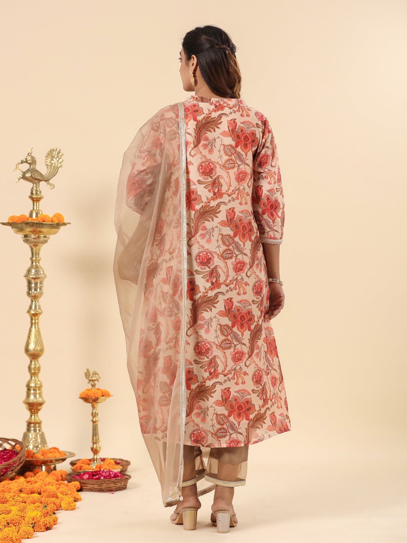Beige A-Line Printed Chanderi Festive Suit Set with Dupatta