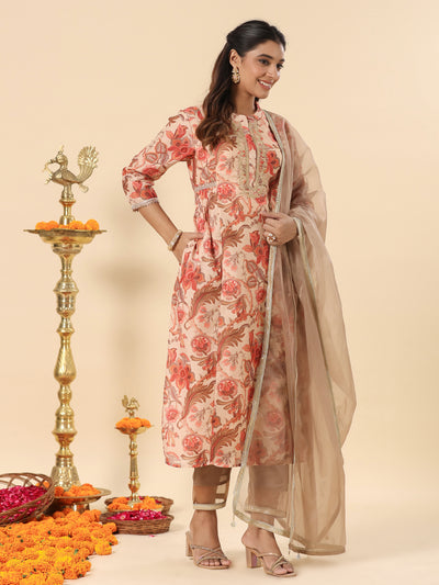 Beige A-Line Printed Chanderi Festive Suit Set with Dupatta