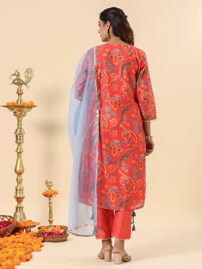 Coral Red Printed Straight Chanderi Festive Suit Set with Dupatta