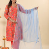 Coral Red Printed Straight Chanderi Festive Suit Set with Dupatta