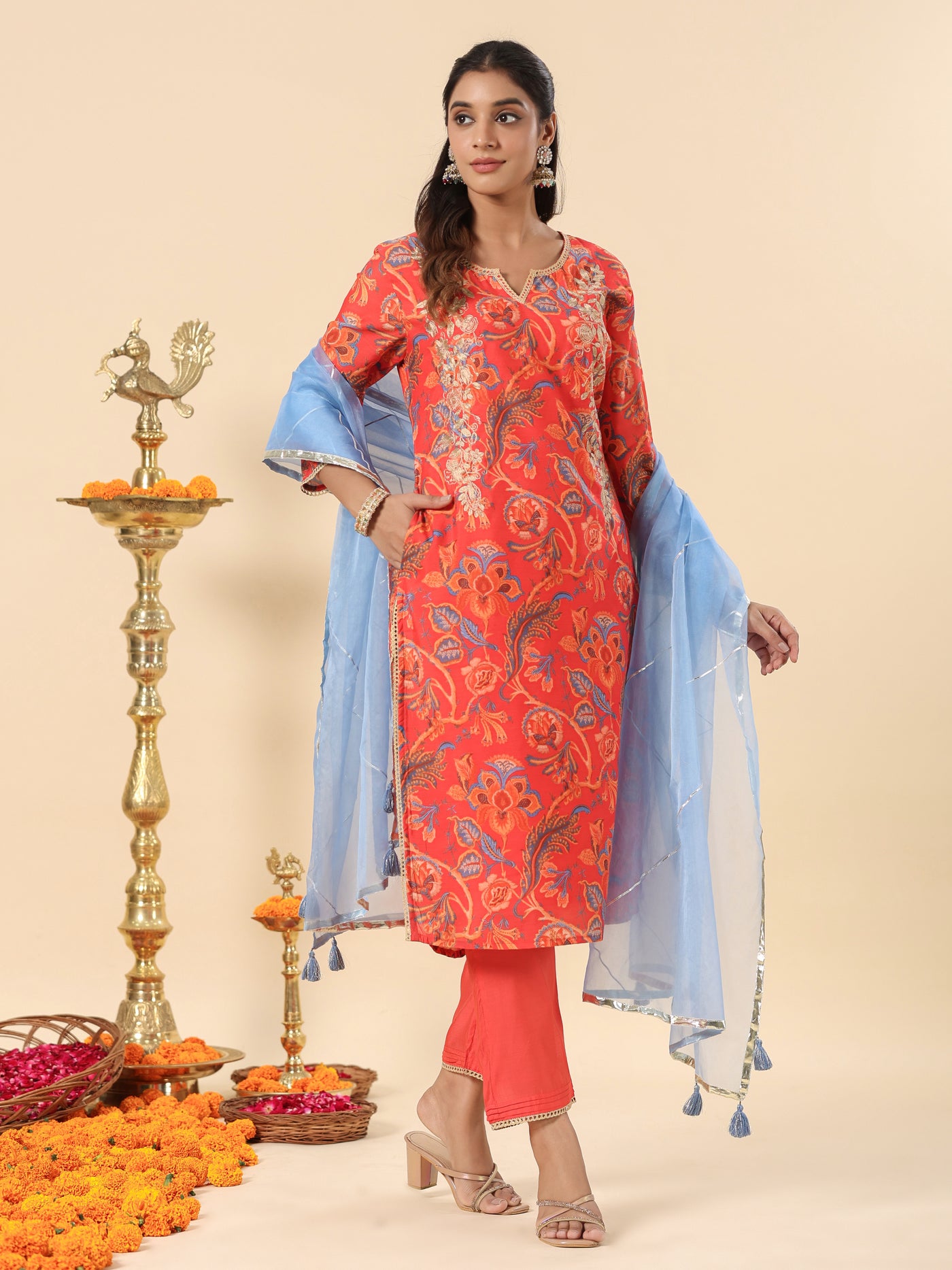 Coral Red Printed Straight Chanderi Festive Suit Set with Dupatta