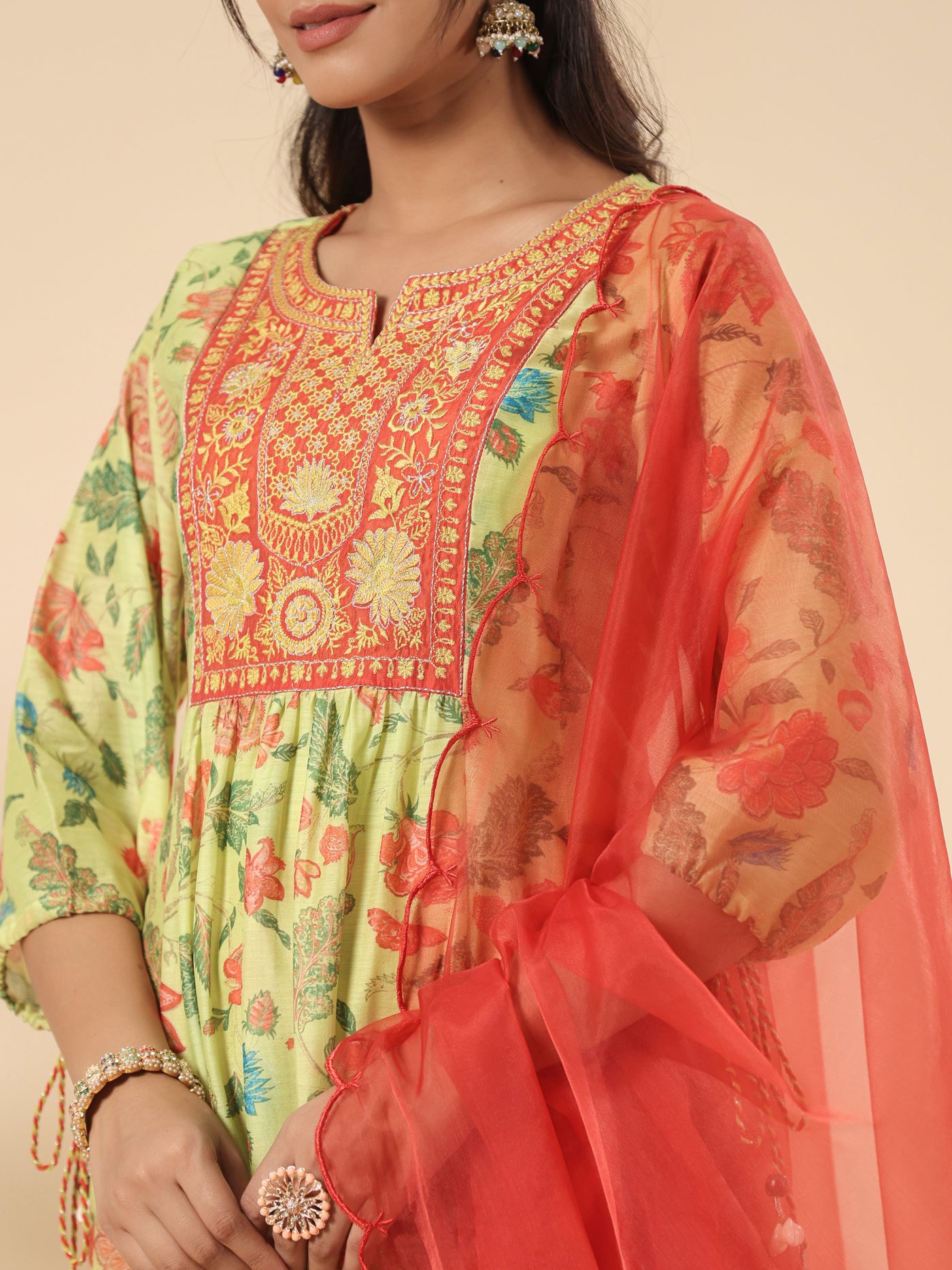 Chanderi Mint Embroidered Designer A Line Kurta Pant Set With Dupatta