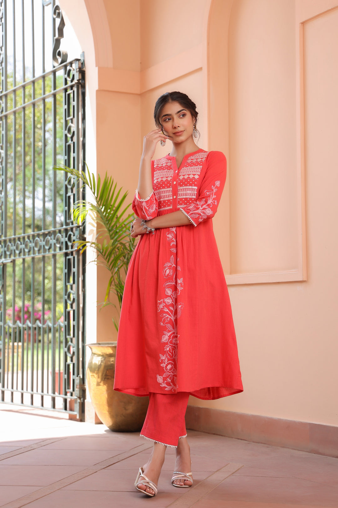 Pink Cotton Embroidered Kurta Pant Set