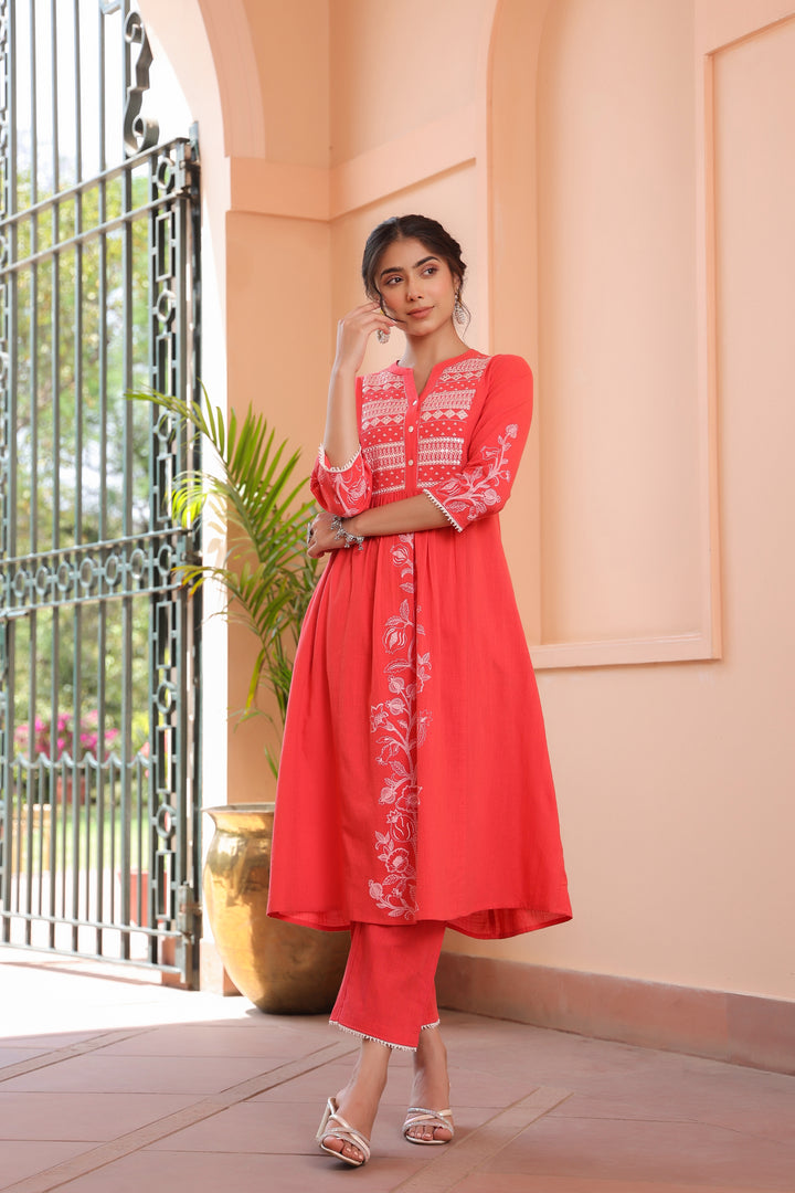 Pink Cotton Embroidered Kurta Pant Set