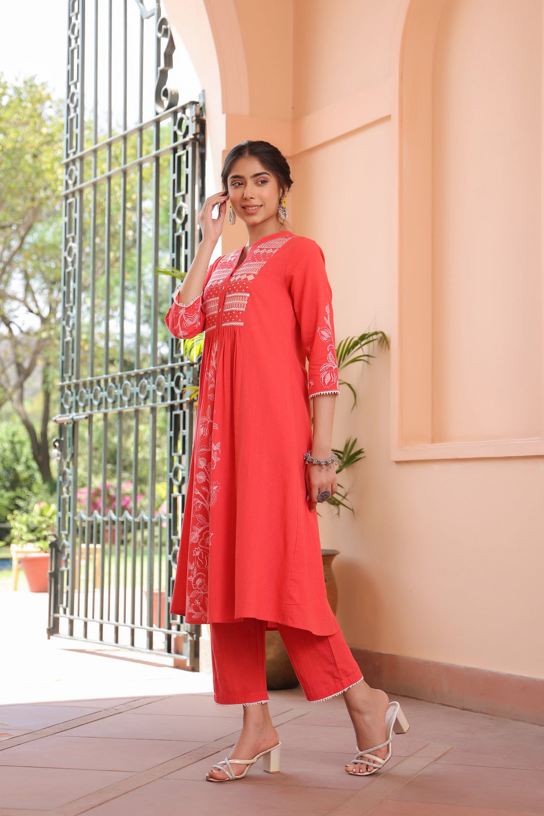 Pink Cotton Embroidered Kurta Pant Set