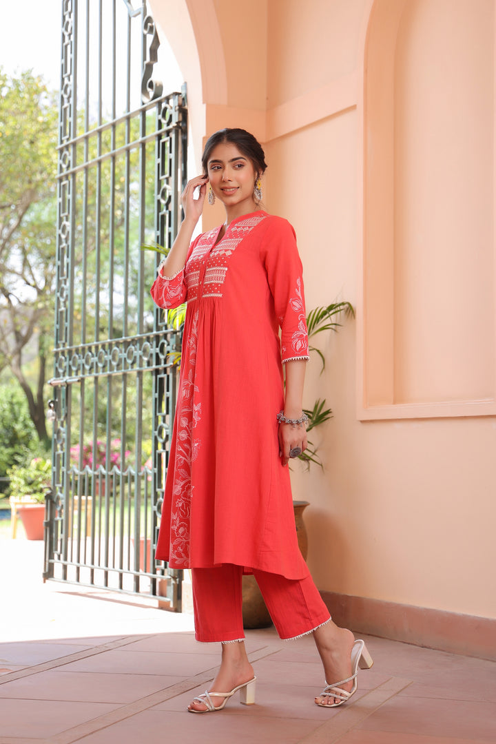 Pink Cotton Embroidered Kurta Pant Set