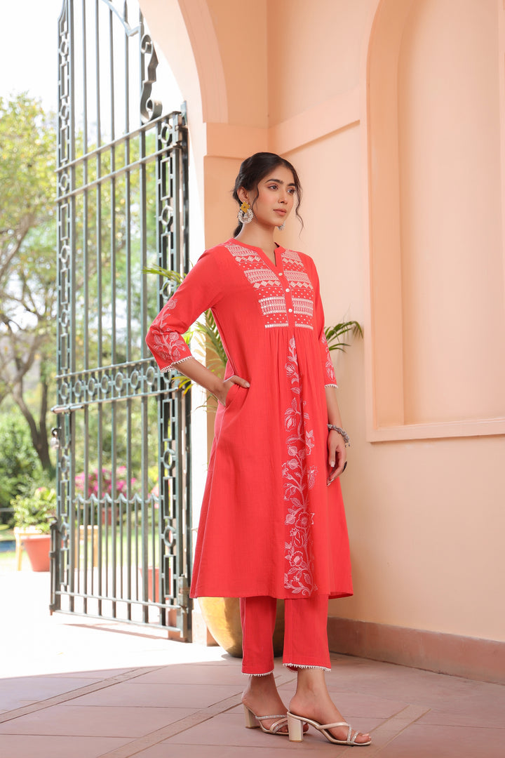 Pink Cotton Embroidered Kurta Pant Set