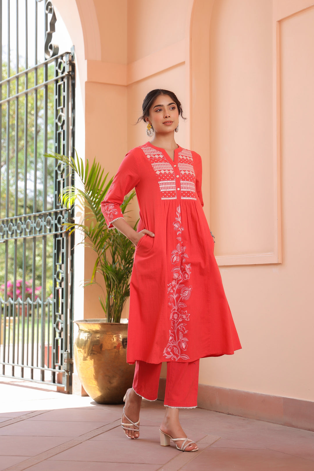 Pink Cotton Embroidered Kurta Pant Set