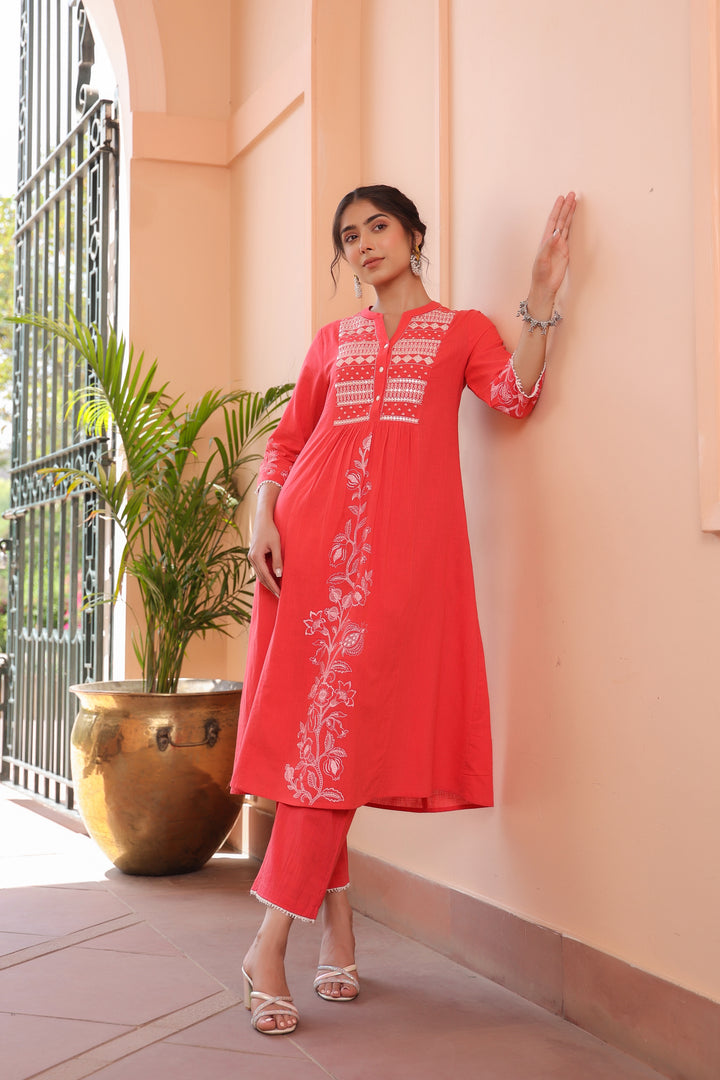 Pink Cotton Embroidered Kurta Pant Set