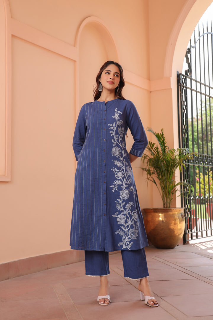 Blue Cotton Printed Detailed A Line Kurta Pant Set