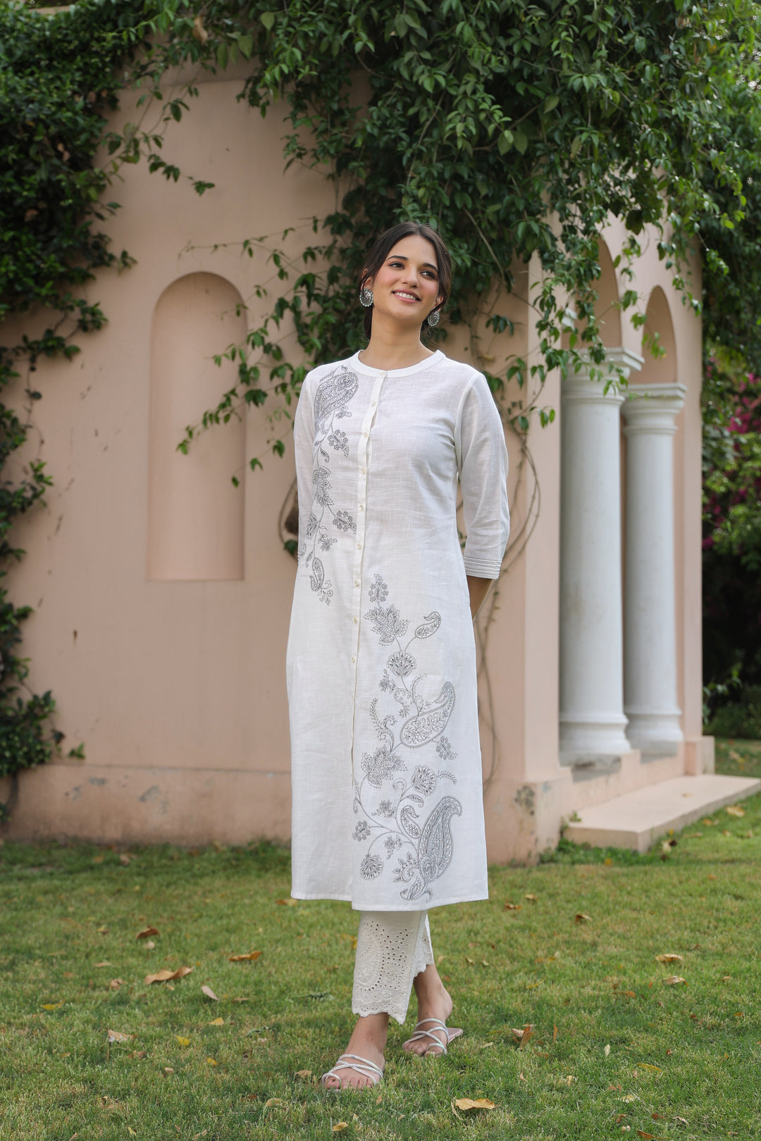 White Cotton Printed A Line Kurta