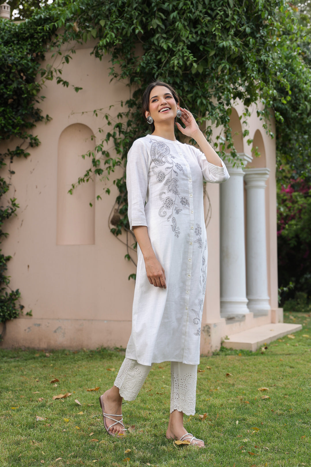 White Cotton Printed A Line Kurta