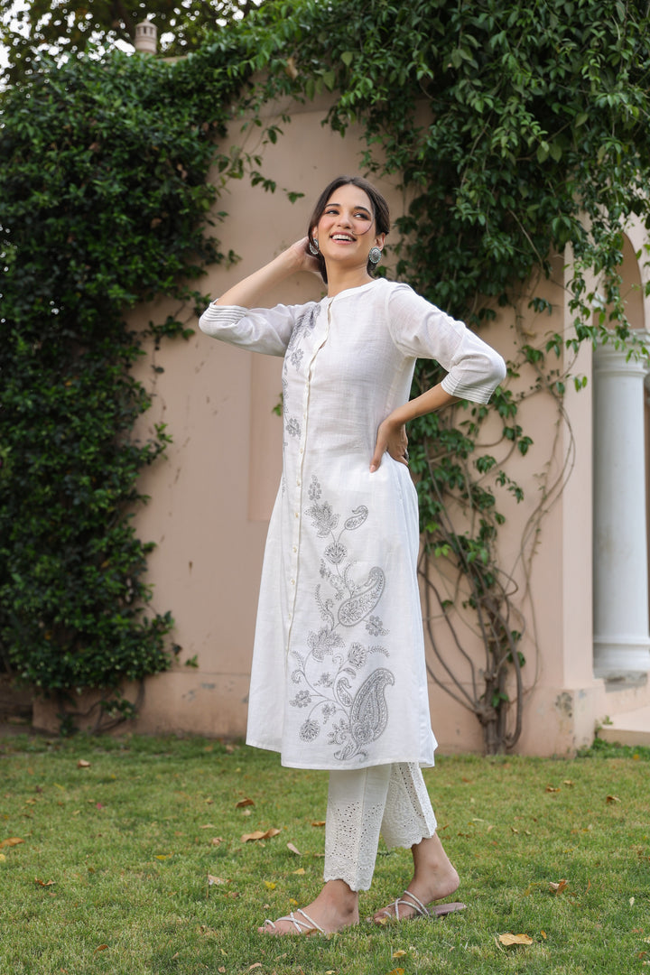 White Cotton Printed A Line Kurta